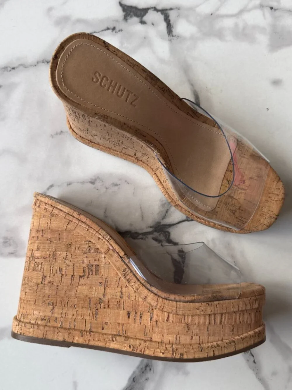 SCHUTZ Dalle Clear Vinyl Cork Platform Wedge Sandals Size 9